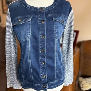 Women's Blue Stretch Jean Jacket with Striped Knit Sleeves & Back